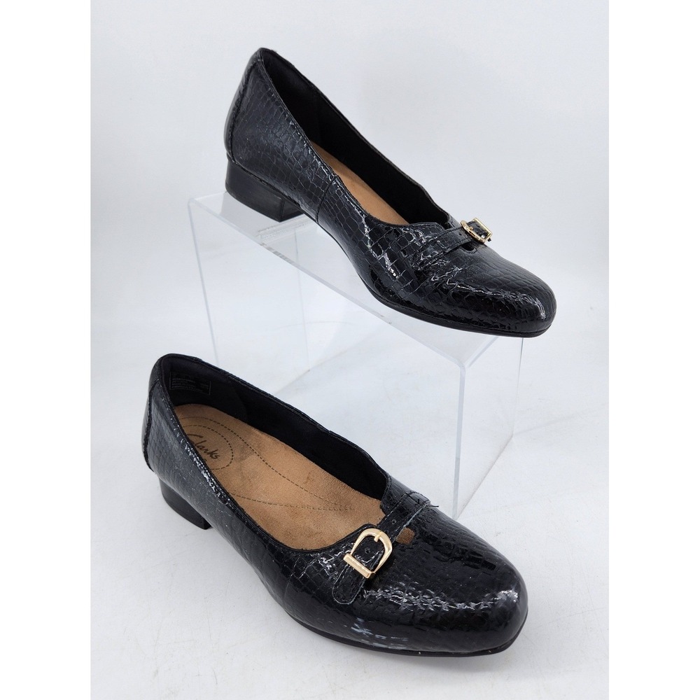 Clarks Artisan Keesha‎ Raine Block Heel Loafer Sz 7.5 Black Croc Embossed Patent